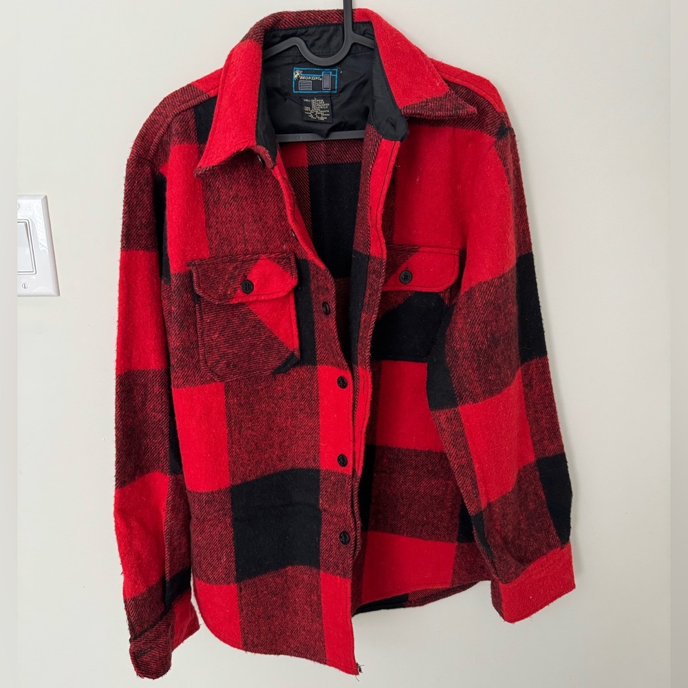 Men's Bronzini Plaid Red and Black Shirt Jacket Classic Large Squares